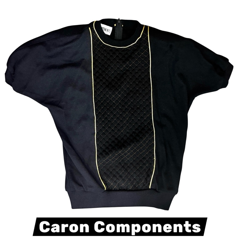 ❤️ “Bold vintage vibes ✨ Black & gold Caron Components sweater — Size Small🖤💛”